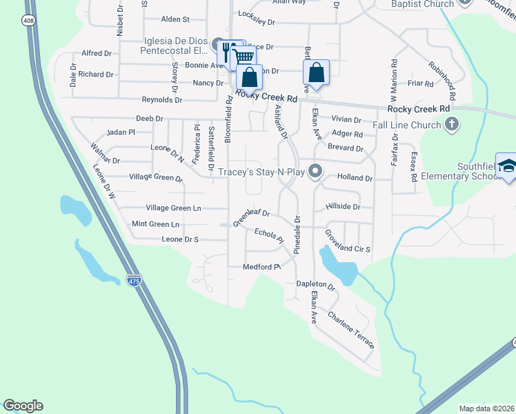 map of restaurants, bars, coffee shops, grocery stores, and more near 2569 Greenleaf Drive in Macon