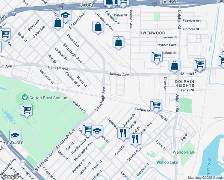 map of restaurants, bars, coffee shops, grocery stores, and more near 4422 Helen Street in Dallas