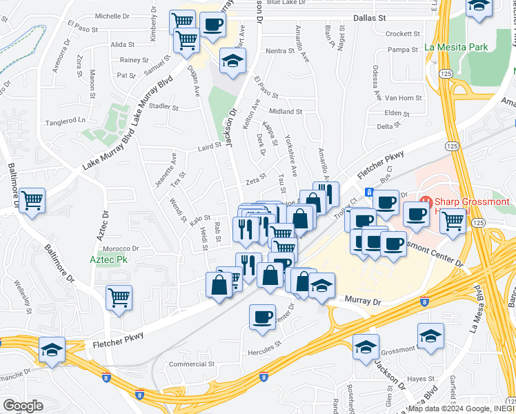 map of restaurants, bars, coffee shops, grocery stores, and more near 5630 Sigma Street in La Mesa