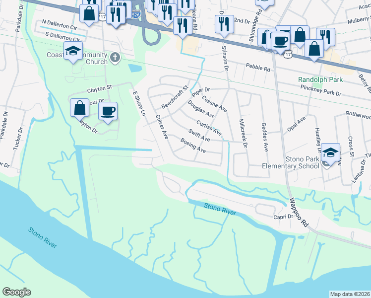 map of restaurants, bars, coffee shops, grocery stores, and more near 2025 Taylorcraft Drive in Charleston