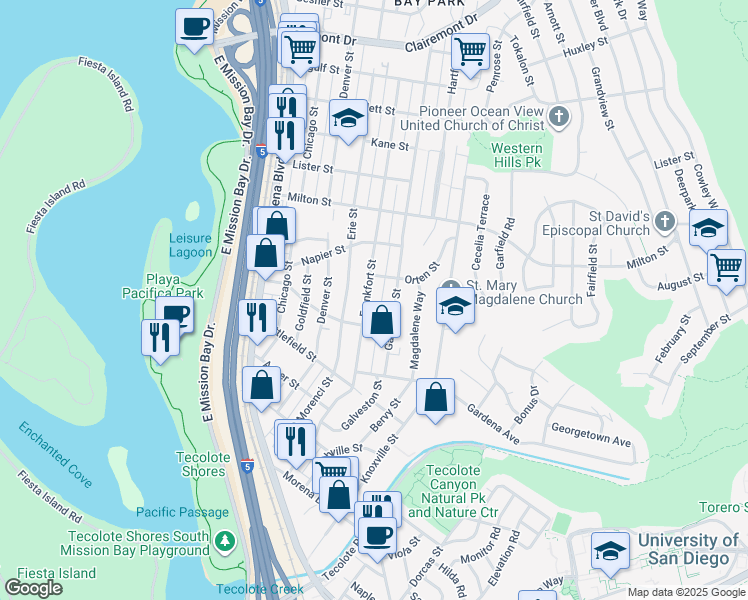 map of restaurants, bars, coffee shops, grocery stores, and more near 1951 Frankfort Street in San Diego
