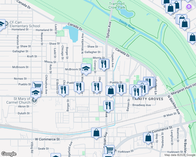 map of restaurants, bars, coffee shops, grocery stores, and more near 3215 Obenchain Street in Dallas