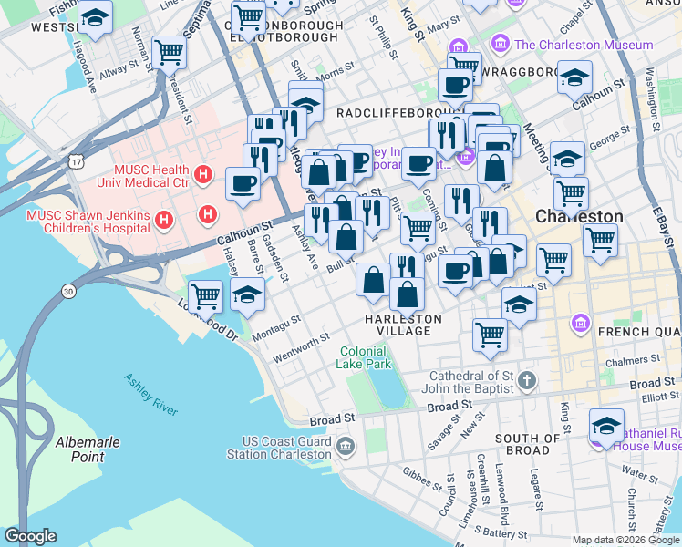 map of restaurants, bars, coffee shops, grocery stores, and more near 97 Rutledge Avenue in Charleston