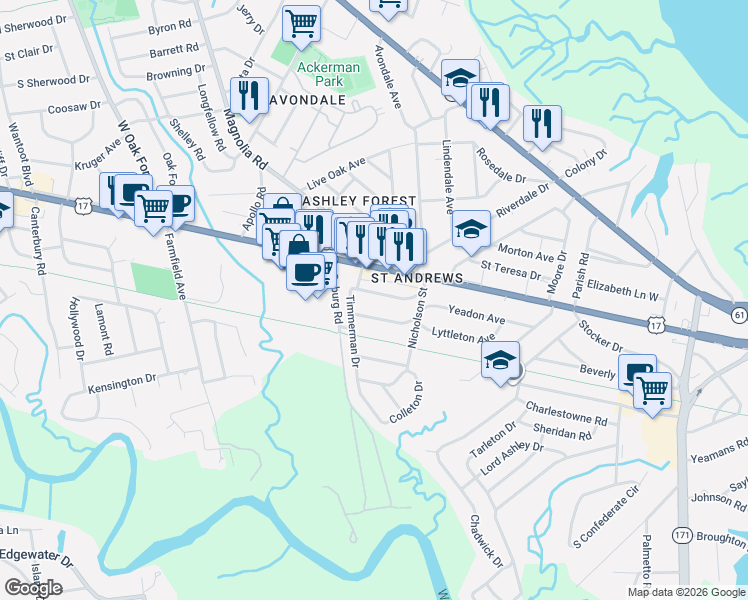 map of restaurants, bars, coffee shops, grocery stores, and more near 20 Timmerman Drive in Charleston