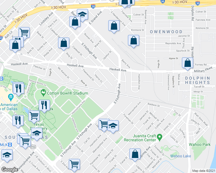 map of restaurants, bars, coffee shops, grocery stores, and more near 1612 Harris Ct in Dallas