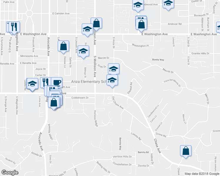 map of restaurants, bars, coffee shops, grocery stores, and more near 980 East Chase Avenue in El Cajon