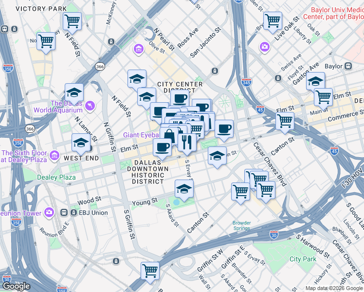 map of restaurants, bars, coffee shops, grocery stores, and more near 1662 Main Street in Dallas