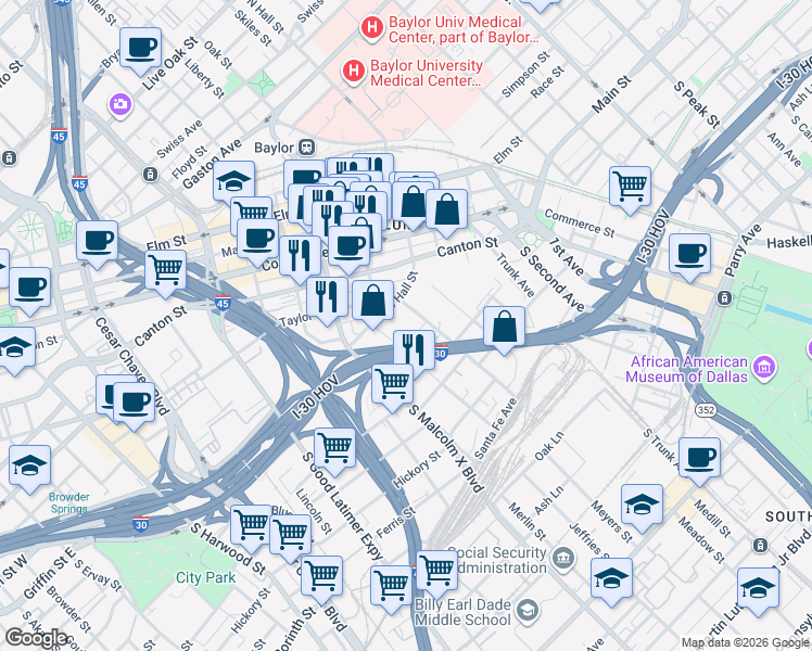map of restaurants, bars, coffee shops, grocery stores, and more near in Dallas