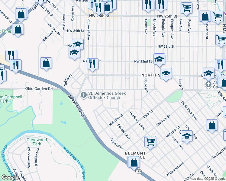 map of restaurants, bars, coffee shops, grocery stores, and more near 1964 Columbus Avenue in Fort Worth