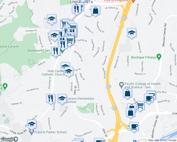 map of restaurants, bars, coffee shops, grocery stores, and more near 2052 Crandall Drive in San Diego