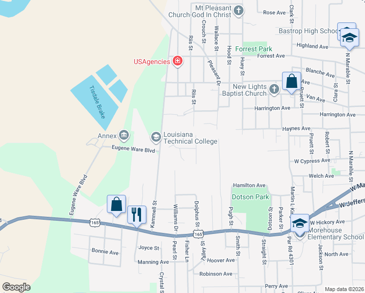 map of restaurants, bars, coffee shops, grocery stores, and more near 33 Eden Avenue in Bastrop