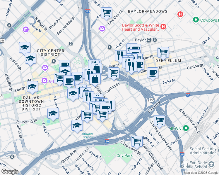 map of restaurants, bars, coffee shops, grocery stores, and more near 125 Canton Street in Dallas