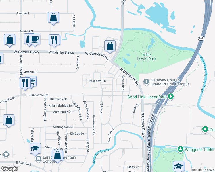 map of restaurants, bars, coffee shops, grocery stores, and more near 2110 Vega Ct in Grand Prairie