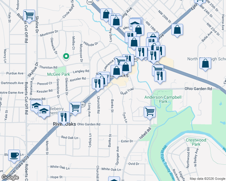 map of restaurants, bars, coffee shops, grocery stores, and more near 1320 Banks Street in Fort Worth