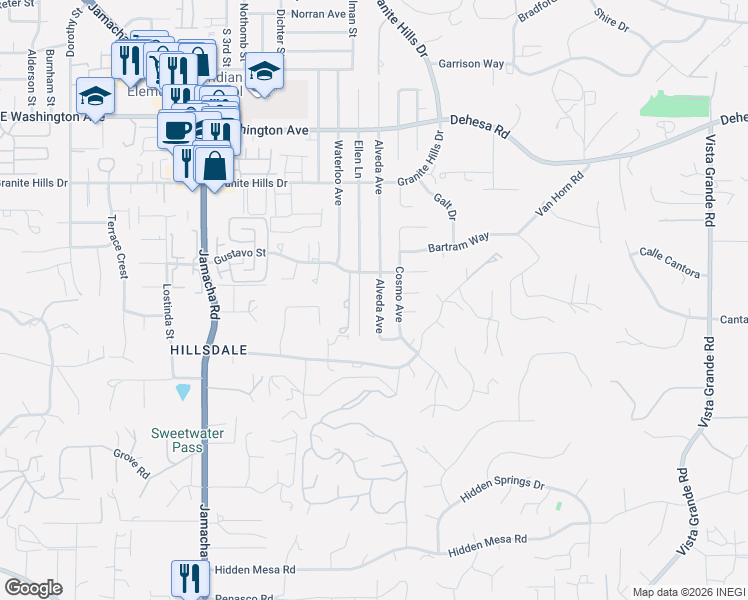 map of restaurants, bars, coffee shops, grocery stores, and more near 1038 Alveda Avenue in El Cajon