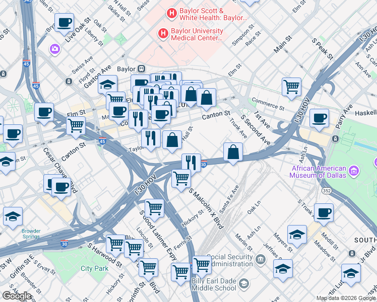map of restaurants, bars, coffee shops, grocery stores, and more near in Dallas