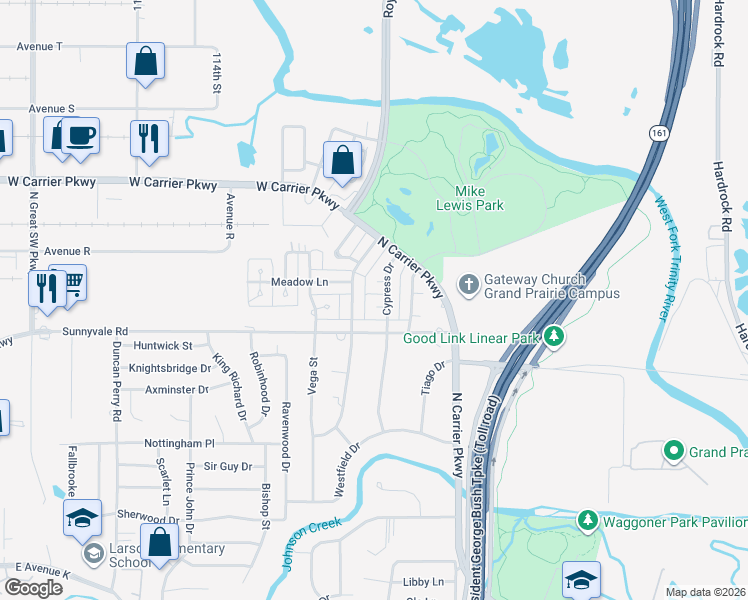 map of restaurants, bars, coffee shops, grocery stores, and more near 2006 Cypress Court in Grand Prairie