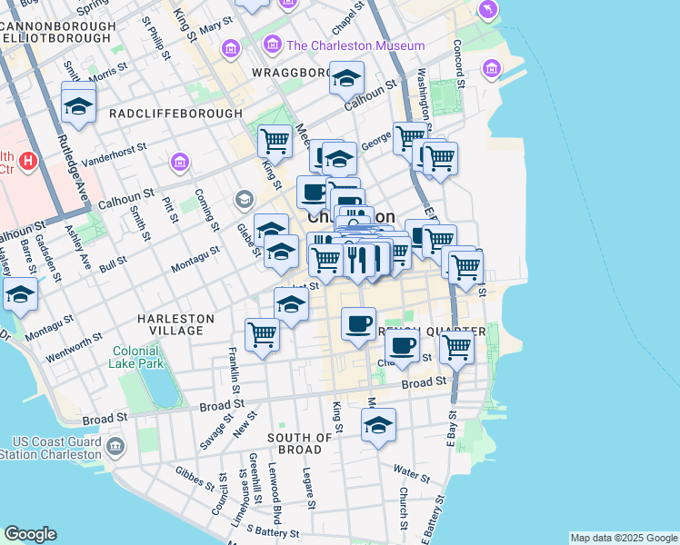 map of restaurants, bars, coffee shops, grocery stores, and more near 205 Meeting Street in Charleston