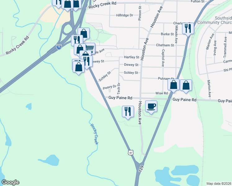 map of restaurants, bars, coffee shops, grocery stores, and more near 4489 Tech Drive in Macon