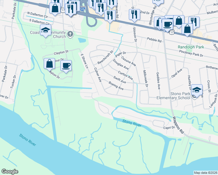 map of restaurants, bars, coffee shops, grocery stores, and more near Taylorcraft Drive in Charleston