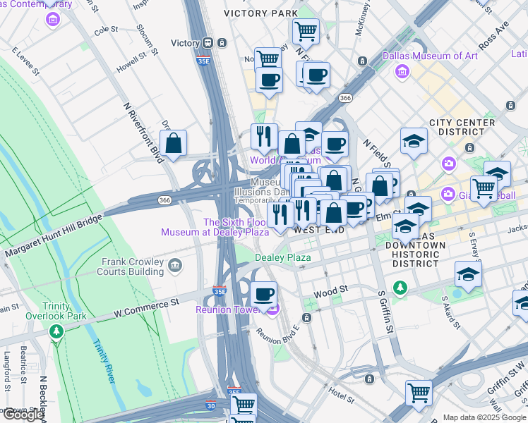 map of restaurants, bars, coffee shops, grocery stores, and more near 300 North Houston Street in Dallas