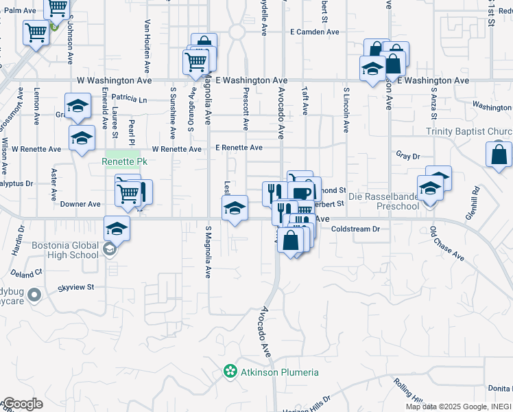 map of restaurants, bars, coffee shops, grocery stores, and more near 225 Pallette Street in El Cajon
