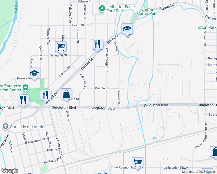 map of restaurants, bars, coffee shops, grocery stores, and more near 3202 Weisenberger Drive in Dallas