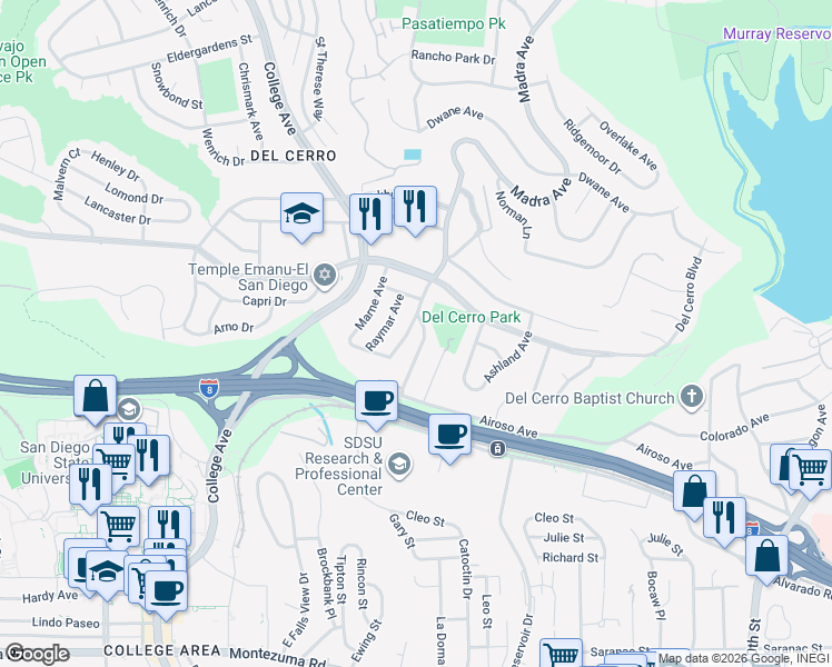 map of restaurants, bars, coffee shops, grocery stores, and more near 5655 Madra Avenue in San Diego