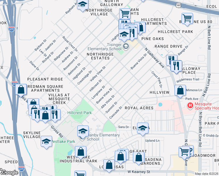 map of restaurants, bars, coffee shops, grocery stores, and more near 1425 Buena Vista Street in Mesquite