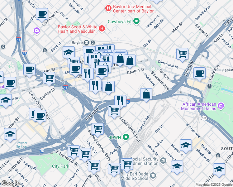map of restaurants, bars, coffee shops, grocery stores, and more near in Dallas
