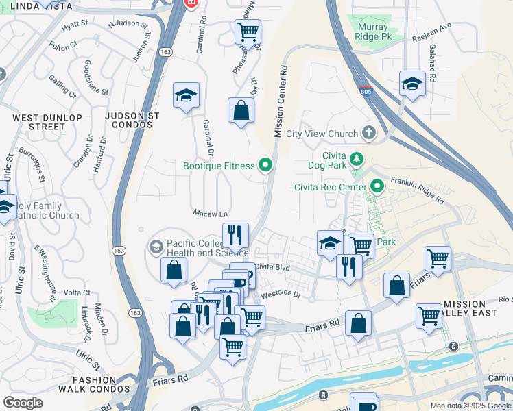 map of restaurants, bars, coffee shops, grocery stores, and more near 5830 Mission Center Road in San Diego