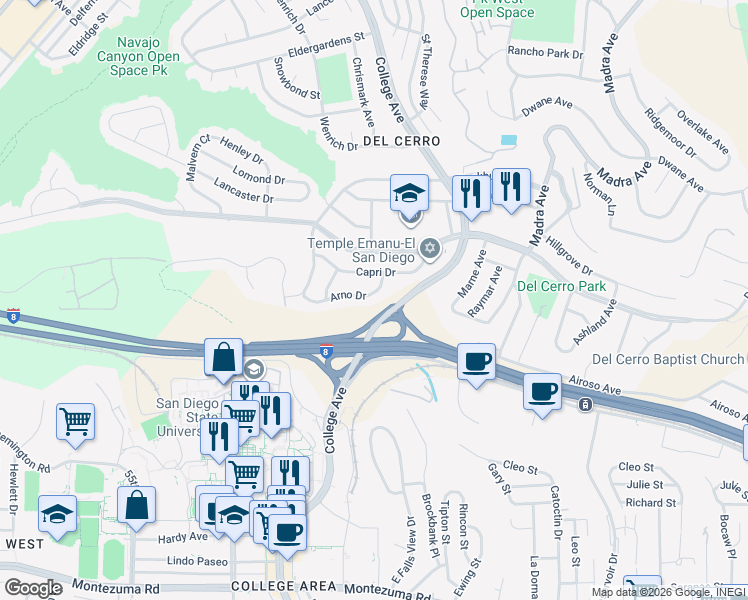map of restaurants, bars, coffee shops, grocery stores, and more near 6173 Arno Drive in San Diego
