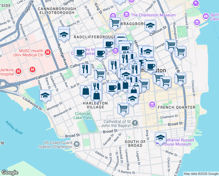 map of restaurants, bars, coffee shops, grocery stores, and more near 122 Wentworth Street in Charleston