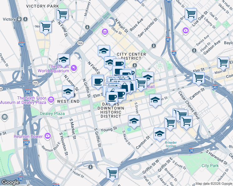 map of restaurants, bars, coffee shops, grocery stores, and more near 110 North Akard Street in Dallas