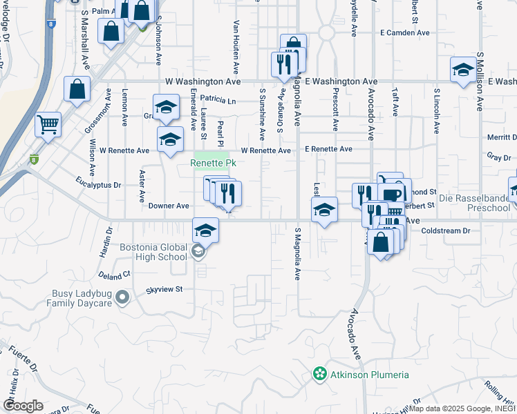 map of restaurants, bars, coffee shops, grocery stores, and more near 370 West Chase Avenue in El Cajon