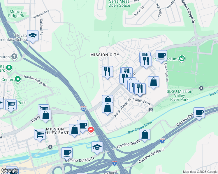 map of restaurants, bars, coffee shops, grocery stores, and more near 2832 Escala Circle in San Diego