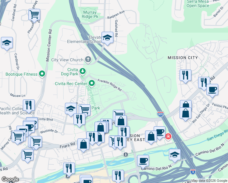 map of restaurants, bars, coffee shops, grocery stores, and more near 2852 Avella Circle in San Diego