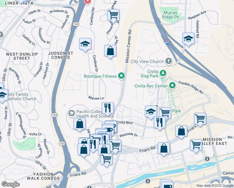 map of restaurants, bars, coffee shops, grocery stores, and more near 5830 Mission Center Road in San Diego