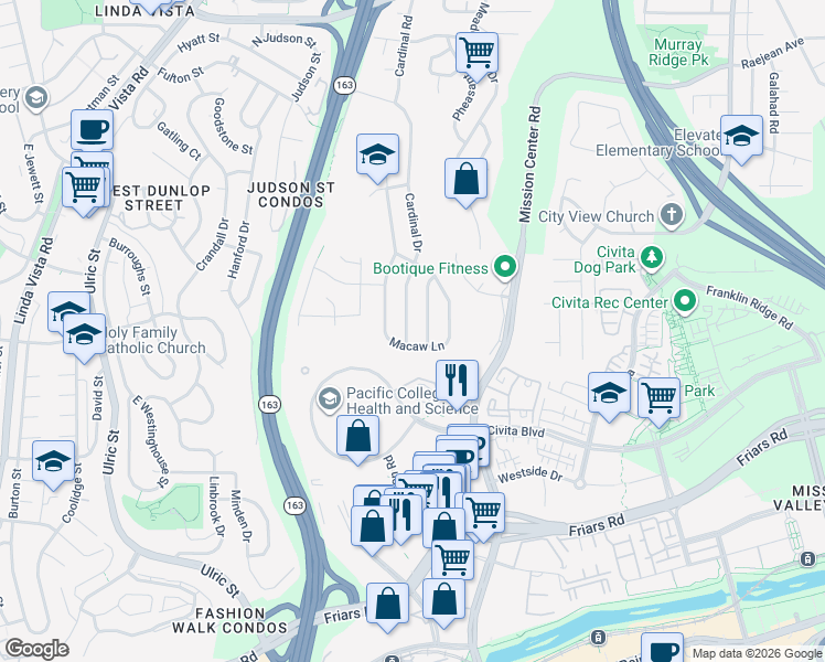 map of restaurants, bars, coffee shops, grocery stores, and more near 2012 Cardinal Drive in San Diego