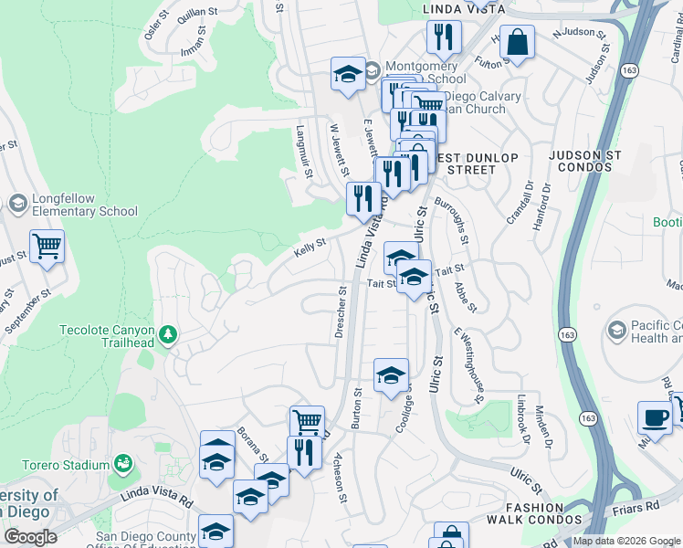 map of restaurants, bars, coffee shops, grocery stores, and more near 6734 1/2 Tait Street in San Diego