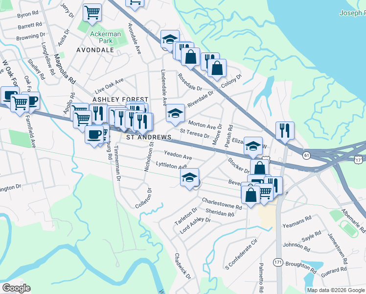 map of restaurants, bars, coffee shops, grocery stores, and more near 659 Savannah Highway in Charleston