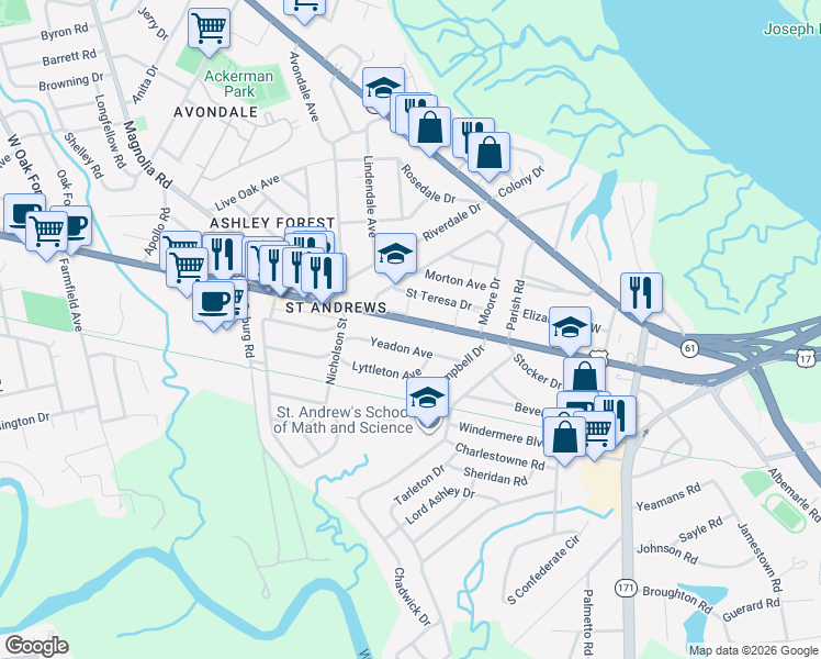 map of restaurants, bars, coffee shops, grocery stores, and more near 659 Savannah Highway in Charleston