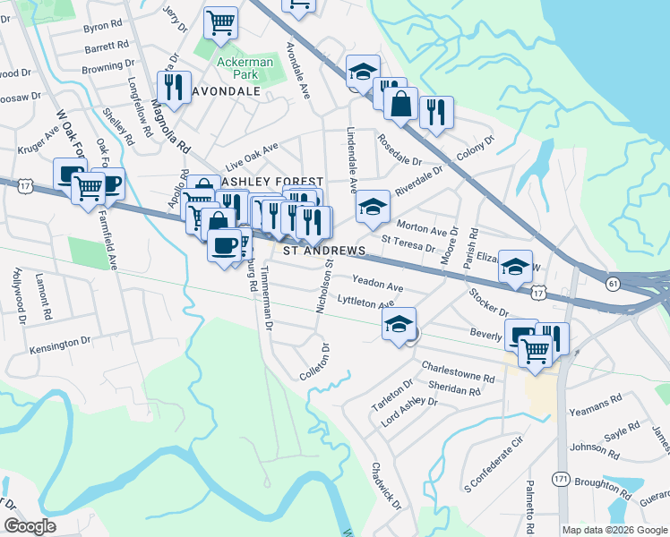 map of restaurants, bars, coffee shops, grocery stores, and more near 4 Yeadon Avenue in Charleston