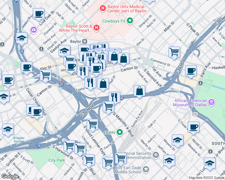 map of restaurants, bars, coffee shops, grocery stores, and more near in Dallas