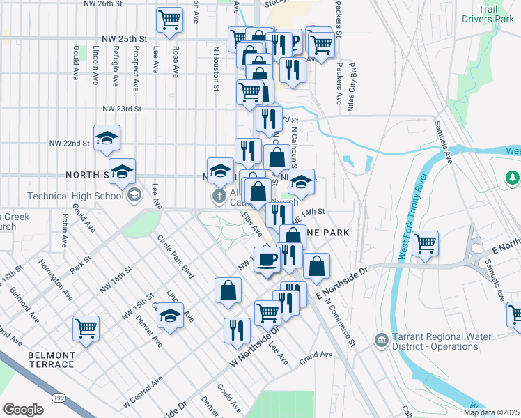 map of restaurants, bars, coffee shops, grocery stores, and more near 1540 North Main Street in Fort Worth
