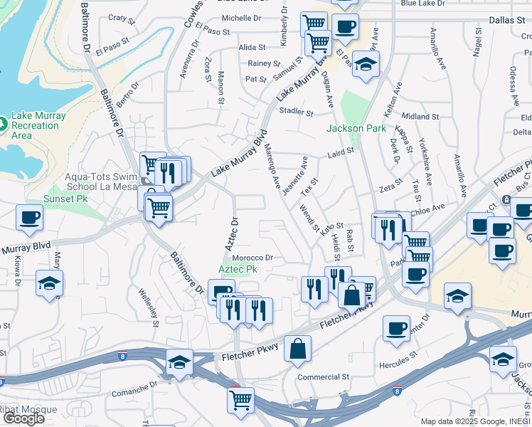 map of restaurants, bars, coffee shops, grocery stores, and more near 7949 Anders Circle in La Mesa