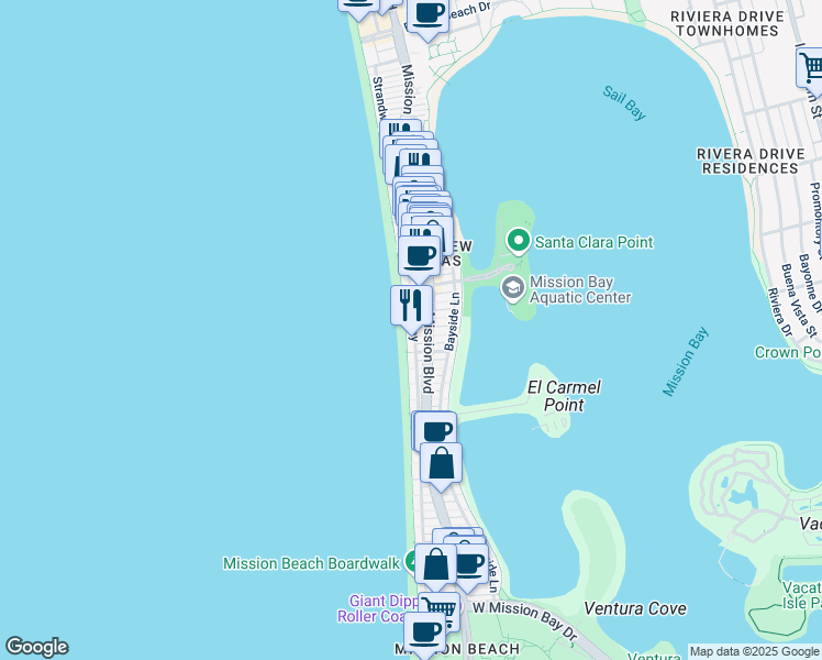 map of restaurants, bars, coffee shops, grocery stores, and more near 3633 Ocean Front Walk in San Diego