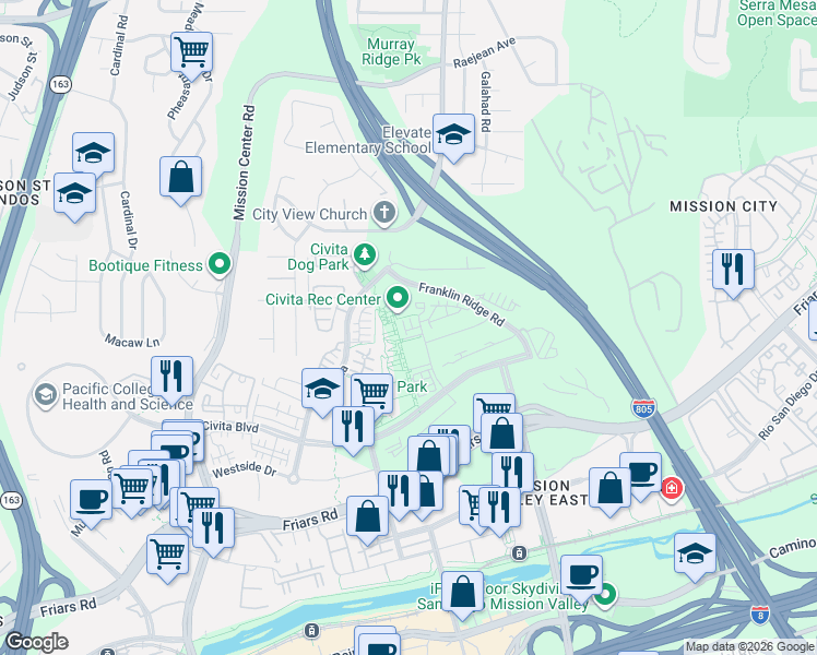 map of restaurants, bars, coffee shops, grocery stores, and more near 2888 Avella Circle in San Diego