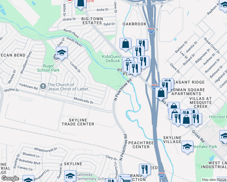 map of restaurants, bars, coffee shops, grocery stores, and more near 1011 North Peachtree Road in Mesquite