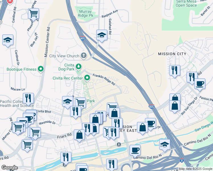 map of restaurants, bars, coffee shops, grocery stores, and more near 2720 Everly Drive in San Diego